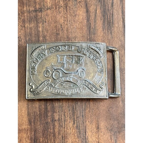 Vintage Brass Bronze Henry Ford Detroit Model T Automobile Belt Buckle Collector - Picture 1 of 6